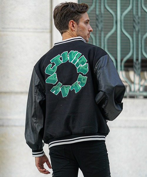 セール】オーバーサイズカレッジロゴスタジャン メンズ PUレザー