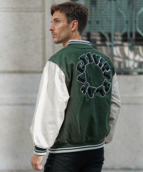 セール】オーバーサイズカレッジロゴスタジャン メンズ PUレザー