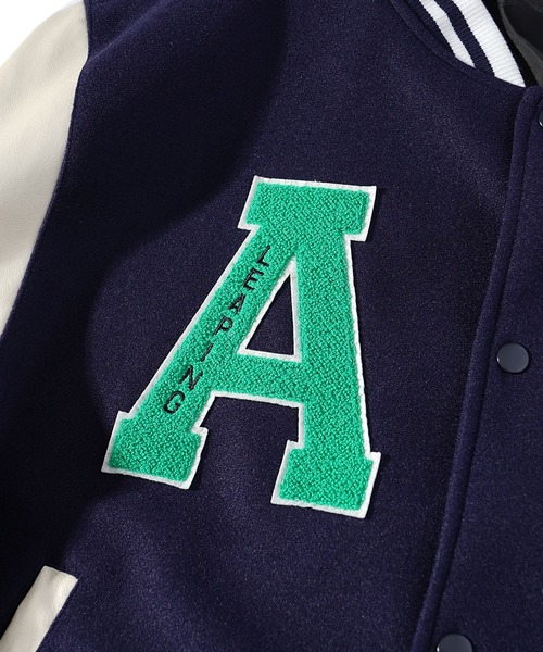 オーバーサイズカレッジロゴスタジャン メンズ PUレザー切り替え