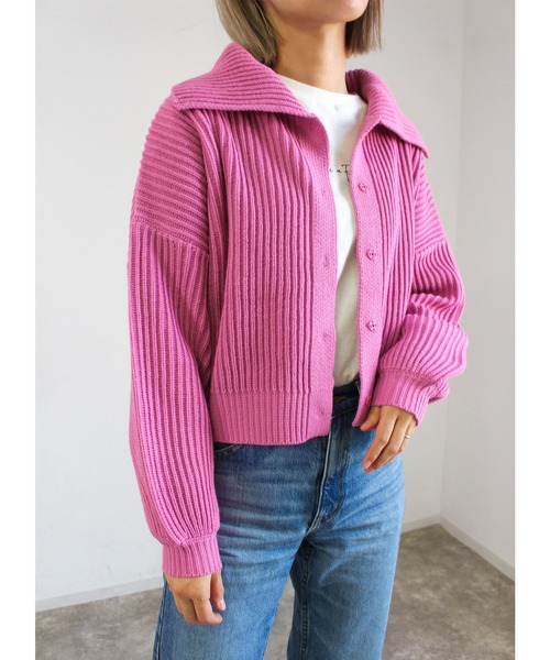 MLI'A(エムリア)の「ビッグカラースナップボタンニットカーディガン(カーディガン/ボレロ・レディース・ピンク/グリーン/サックスブルー/オレンジ/ナチュラル・M)」の4枚目の写真