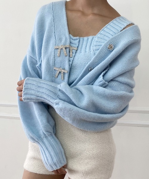 lissi Boutique（リージーブティック）の「【lissi Boutique】ビジューリボンニットキャミソール付きカーディガン（ニット/セーター・レディース・ブルー/ベージュ・FREE）」の11枚目の写真