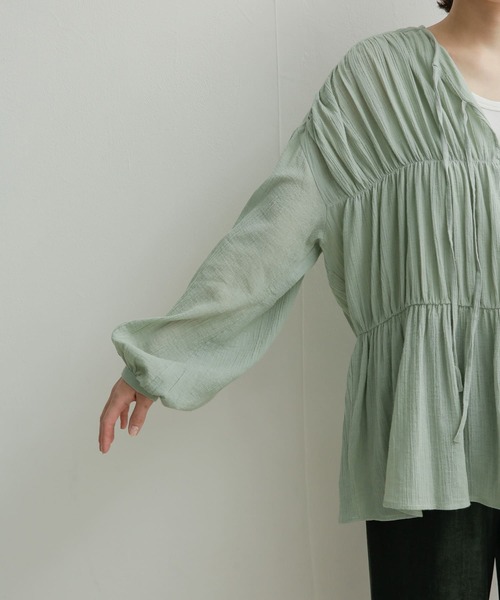URBAN RESEARCH DOORS シャーリングブラウス ミント 洗える URBAN RESEARCH DOORS シャーリングブラウス ミント 洗える