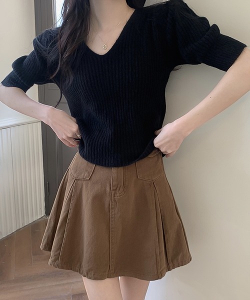 Girly Doll（ガーリードール）の「Vネック半袖リブトップス（ニット/セーター・レディース・ブラック/ベージュ/グレー/オレンジ/グリーン・FREE）」の13枚目の写真