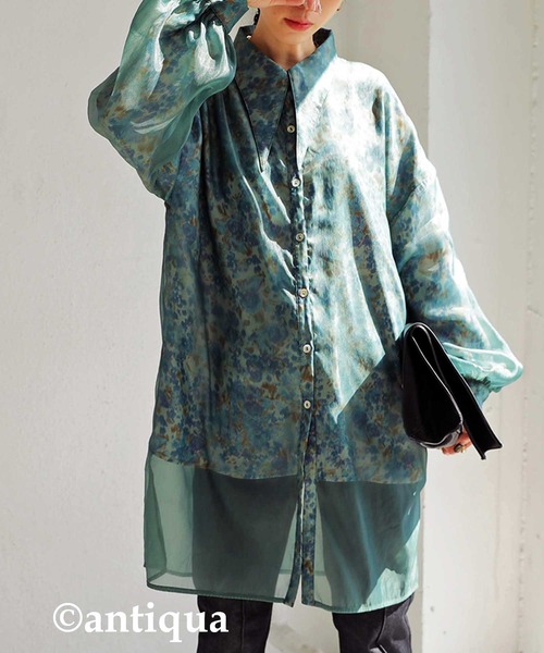 antiqua（アンティカ）の「大人っぽくこなれる。ビッグカラーシアーシャツ（シャツ/ブラウス・レディース・ブラック/グリーン・FREE）」の3枚目の写真