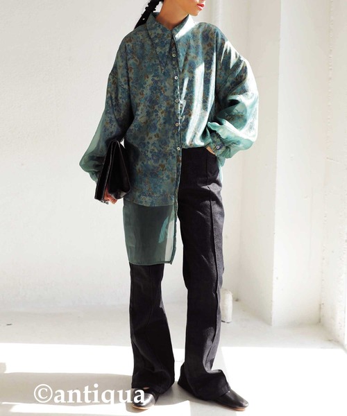 antiqua（アンティカ）の「大人っぽくこなれる。ビッグカラーシアーシャツ（シャツ/ブラウス・レディース・ブラック/グリーン・FREE）」の4枚目の写真