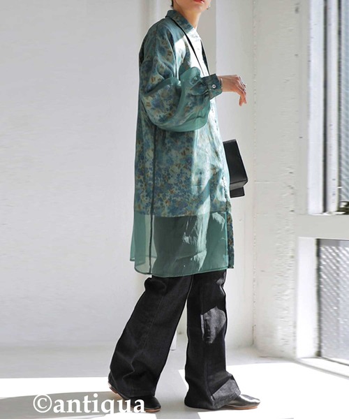antiqua（アンティカ）の「大人っぽくこなれる。ビッグカラーシアーシャツ（シャツ/ブラウス・レディース・ブラック/グリーン・FREE）」の5枚目の写真