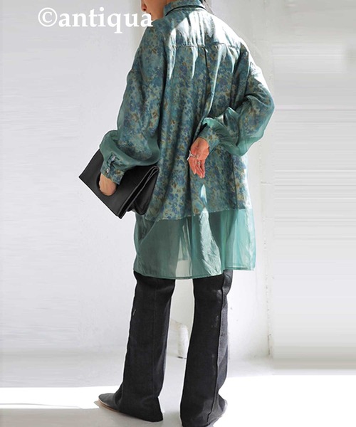 antiqua（アンティカ）の「大人っぽくこなれる。ビッグカラーシアーシャツ（シャツ/ブラウス・レディース・ブラック/グリーン・FREE）」の6枚目の写真