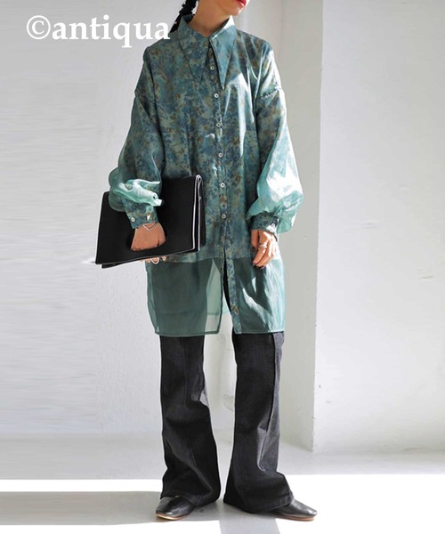 antiqua（アンティカ）の「大人っぽくこなれる。ビッグカラーシアーシャツ（シャツ/ブラウス・レディース・ブラック/グリーン・FREE）」の7枚目の写真