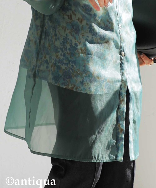 antiqua（アンティカ）の「大人っぽくこなれる。ビッグカラーシアーシャツ（シャツ/ブラウス・レディース・ブラック/グリーン・FREE）」の8枚目の写真
