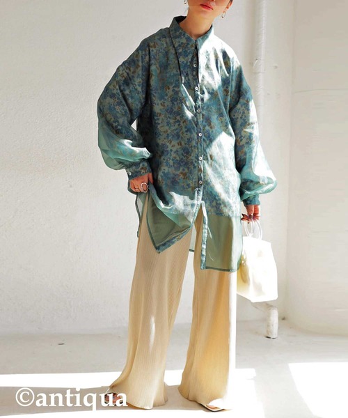 antiqua（アンティカ）の「大人っぽくこなれる。ビッグカラーシアーシャツ（シャツ/ブラウス・レディース・ブラック/グリーン・FREE）」の9枚目の写真