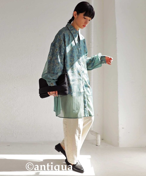 antiqua（アンティカ）の「大人っぽくこなれる。ビッグカラーシアーシャツ（シャツ/ブラウス・レディース・ブラック/グリーン・FREE）」の12枚目の写真