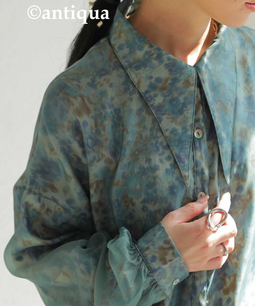 antiqua（アンティカ）の「大人っぽくこなれる。ビッグカラーシアーシャツ（シャツ/ブラウス・レディース・ブラック/グリーン・FREE）」の13枚目の写真