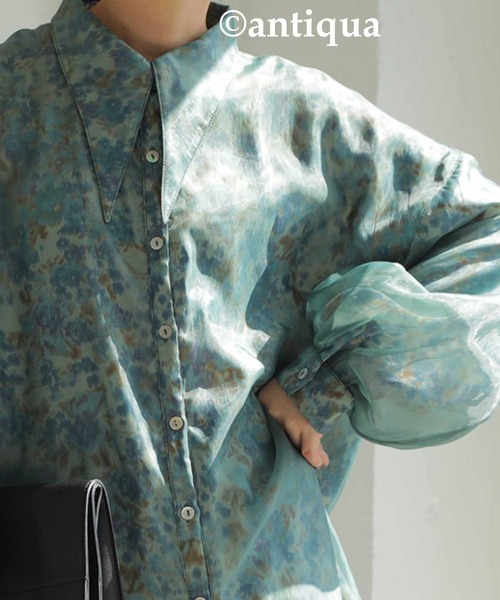antiqua（アンティカ）の「大人っぽくこなれる。ビッグカラーシアーシャツ（シャツ/ブラウス・レディース・ブラック/グリーン・FREE）」の14枚目の写真