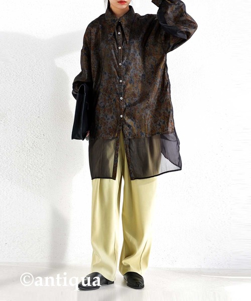 antiqua（アンティカ）の「大人っぽくこなれる。ビッグカラーシアーシャツ（シャツ/ブラウス・レディース・ブラック/グリーン・FREE）」の16枚目の写真