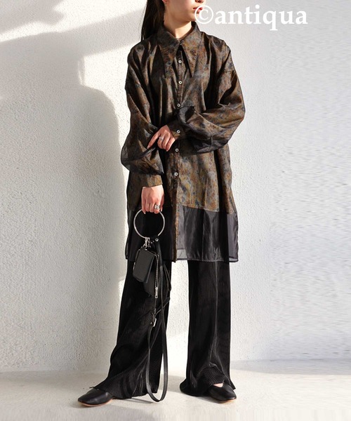 antiqua（アンティカ）の「大人っぽくこなれる。ビッグカラーシアーシャツ（シャツ/ブラウス・レディース・ブラック/グリーン・FREE）」の19枚目の写真