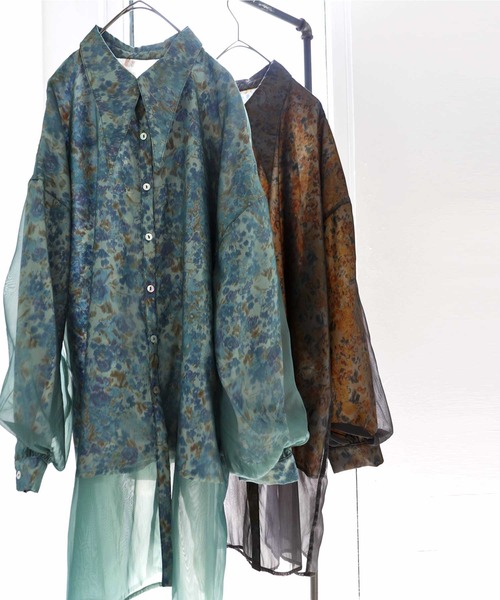 antiqua（アンティカ）の「大人っぽくこなれる。ビッグカラーシアーシャツ（シャツ/ブラウス・レディース・ブラック/グリーン・FREE）」の21枚目の写真