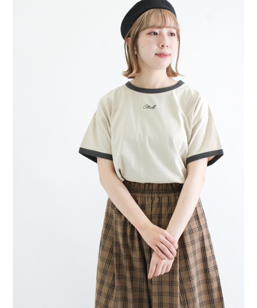 Samansa Mos2（サマンサ モスモス）の「ロゴ刺繍リンガーTシャツ（Tシャツ/カットソー・レディース・ベージュ/オフホワイト/モカ・ﾌﾘ-）」の3枚目の写真