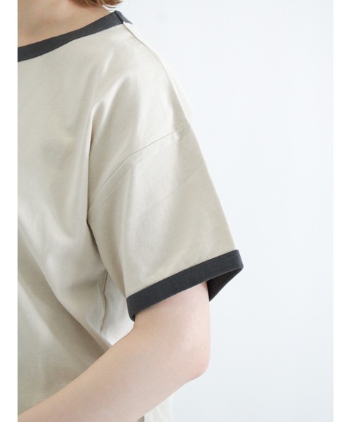 Samansa Mos2（サマンサ モスモス）の「ロゴ刺繍リンガーTシャツ（Tシャツ/カットソー・レディース・ベージュ/オフホワイト/モカ・ﾌﾘ-）」の5枚目の写真