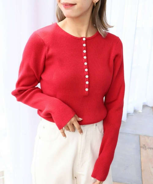 moment+（モーメントプラス）の「12G 多釦ヘンリーネックリブニット