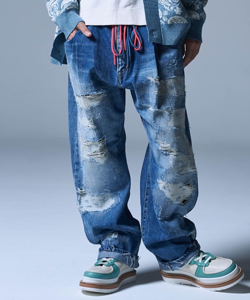 glamb（グラム）の「Heavy Damage Wide Denim / ヘビーダメージワイドデニム（デニムパンツ・メンズ・ブラック/インディゴブルー・S/M/L）」の11枚目の写真