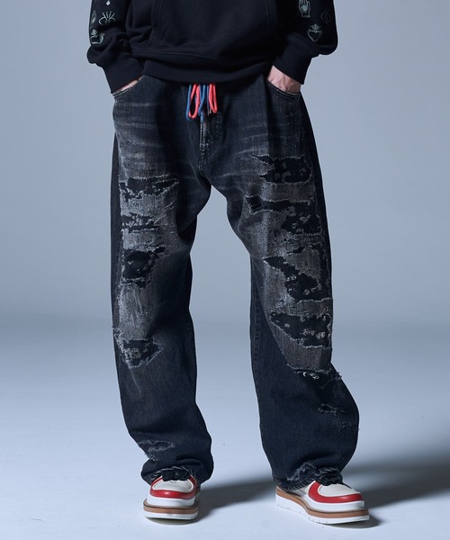 glamb（グラム）の「Heavy Damage Wide Denim / ヘビーダメージワイドデニム（デニムパンツ・メンズ・ブラック/インディゴブルー・S/M/L）」の12枚目の写真