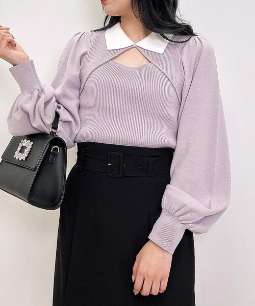 INGNI（イング）の「襟付デコルテオープンニット（ニット/セーター・レディース・ブラック/オフホワイト/グレー系その他・M）」の3枚目の写真