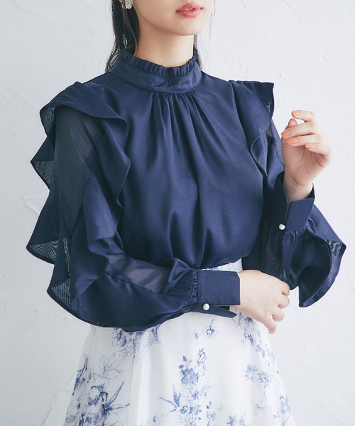 tocco closet（トッコ　クローゼット）の「プチフリルネックラッフルシアースリーブブラウス（シャツ/ブラウス・レディース・ホワイト/グレー系その他/ネイビー・M）」の3枚目の写真