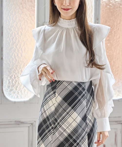 tocco closet（トッコ　クローゼット）の「プチフリルネックラッフルシアースリーブブラウス（シャツ/ブラウス・レディース・ホワイト/グレー系その他/ネイビー・M）」の19枚目の写真