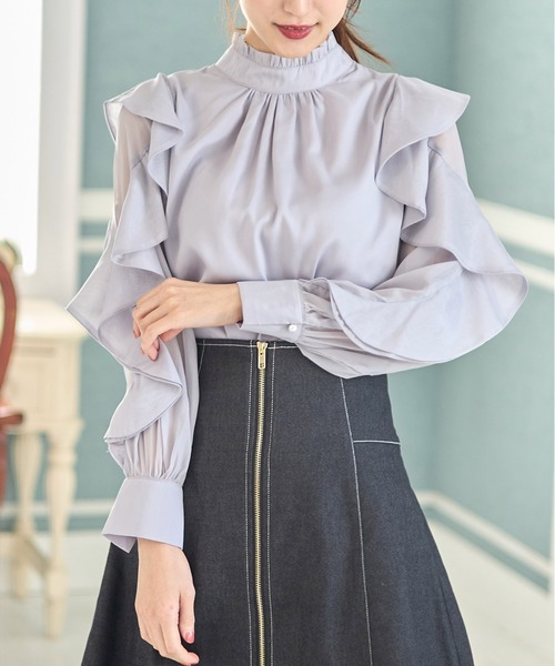 tocco closet（トッコ　クローゼット）の「プチフリルネックラッフルシアースリーブブラウス（シャツ/ブラウス・レディース・ホワイト/グレー系その他/ネイビー・M）」の14枚目の写真