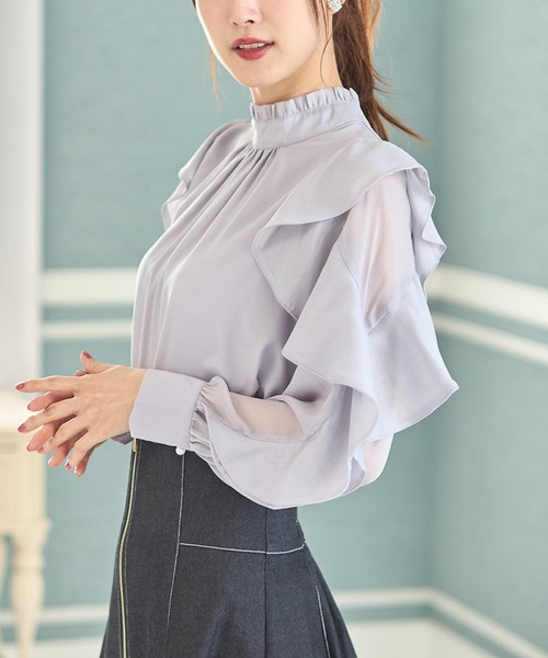 tocco closet（トッコ　クローゼット）の「プチフリルネックラッフルシアースリーブブラウス（シャツ/ブラウス・レディース・ホワイト/グレー系その他/ネイビー・M）」の20枚目の写真