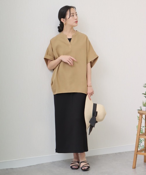 libelle more(リベル モア)の「《吸水速乾・UVカット・抗菌防臭》フレンチリネン バンドカラー半袖ドルマンブラウス(シャツ/ブラウス・レディース・オレンジ/キャメル/オフホワイト/ブラック・M/L)」の18枚目の写真