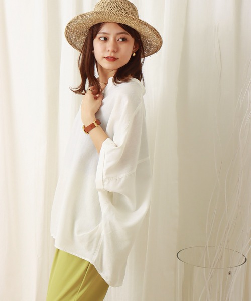 libelle more(リベル モア)の「《吸水速乾・UVカット・抗菌防臭》フレンチリネン バンドカラー半袖ドルマンブラウス(シャツ/ブラウス・レディース・オレンジ/キャメル/オフホワイト/ブラック・M/L)」の14枚目の写真