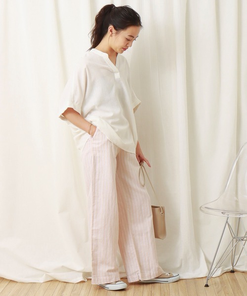 libelle more(リベル モア)の「《吸水速乾・UVカット・抗菌防臭》フレンチリネン バンドカラー半袖ドルマンブラウス(シャツ/ブラウス・レディース・オレンジ/キャメル/オフホワイト/ブラック・M/L)」の7枚目の写真
