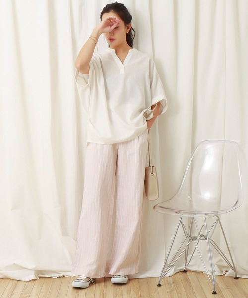 libelle more(リベル モア)の「《吸水速乾・UVカット・抗菌防臭》フレンチリネン バンドカラー半袖ドルマンブラウス(シャツ/ブラウス・レディース・オレンジ/キャメル/オフホワイト/ブラック・M/L)」の5枚目の写真