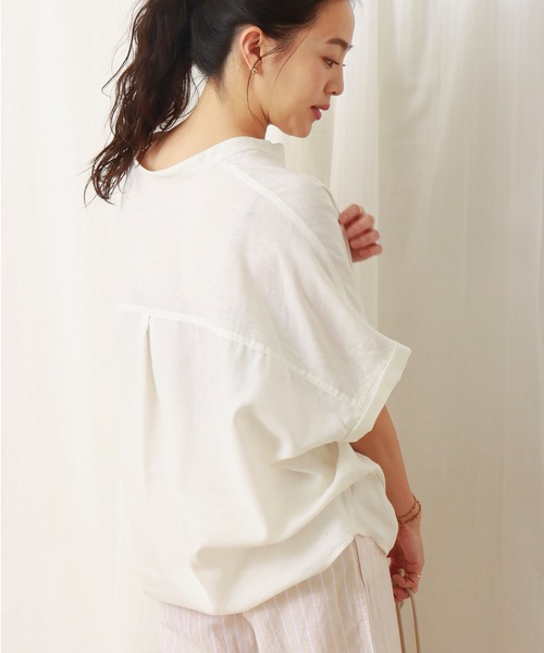 libelle more(リベル モア)の「《吸水速乾・UVカット・抗菌防臭》フレンチリネン バンドカラー半袖ドルマンブラウス(シャツ/ブラウス・レディース・オレンジ/キャメル/オフホワイト/ブラック・M/L)」の10枚目の写真