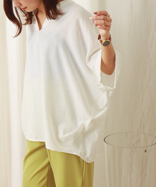libelle more(リベル モア)の「《吸水速乾・UVカット・抗菌防臭》フレンチリネン バンドカラー半袖ドルマンブラウス(シャツ/ブラウス・レディース・オレンジ/キャメル/オフホワイト/ブラック・M/L)」の16枚目の写真