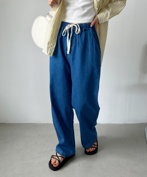 CLEA（クレア）の「ウエスト紐 デニムイージーワイドパンツ（デニム