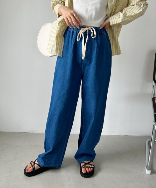 CLEA（クレア）の「ウエスト紐 デニムイージーワイドパンツ（デニム