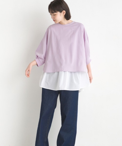 OMNES（オムネス）の「梨地ショート丈裾フレアアンサンブル5分袖（Tシャツ/カットソー・レディース・ブラック/ラベンダー/アイボリー/グリーン・FREE）」の4枚目の写真