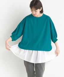 OMNES | 梨地ショート丈裾フレアアンサンブル5分袖(Tシャツ/カットソー)