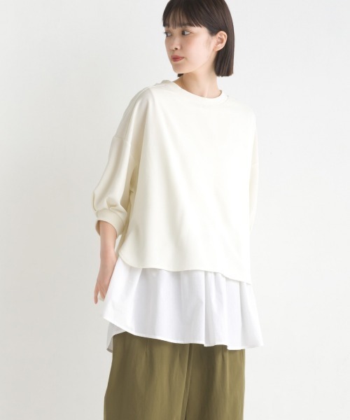 OMNES（オムネス）の「梨地ショート丈裾フレアアンサンブル5分袖（Tシャツ/カットソー・レディース・ブラック/ラベンダー/アイボリー/グリーン・FREE）」の2枚目の写真