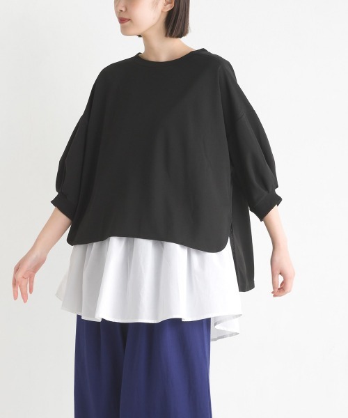 OMNES（オムネス）の「梨地ショート丈裾フレアアンサンブル5分袖（Tシャツ/カットソー・レディース・ブラック/ラベンダー/アイボリー/グリーン・FREE）」の3枚目の写真