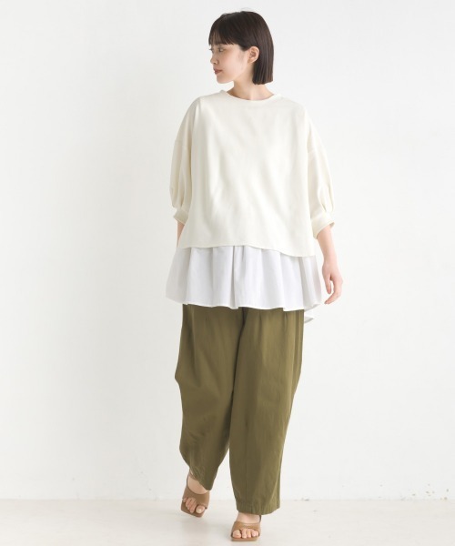 OMNES（オムネス）の「梨地ショート丈裾フレアアンサンブル5分袖（Tシャツ/カットソー・レディース・ブラック/ラベンダー/アイボリー/グリーン・FREE）」の15枚目の写真