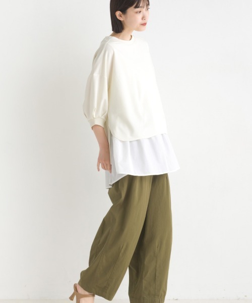 OMNES（オムネス）の「梨地ショート丈裾フレアアンサンブル5分袖（Tシャツ/カットソー・レディース・ブラック/ラベンダー/アイボリー/グリーン・FREE）」の16枚目の写真