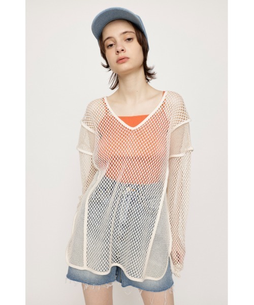 SLY（スライ）の「2WAY COMBI MESH LOOSE TUNIC 2ウェイ コンビ メッシュ ルーズ チュニック ビックサイズ 透け シースルー レイヤード（Tシャツ/カットソー・レディース・ブラック/ライム/アイボリー・FREE）」の2枚目の写真