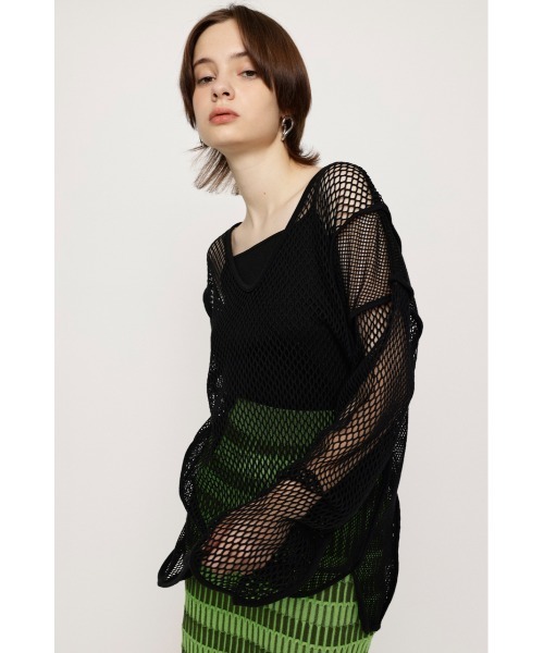 SLY（スライ）の「2WAY COMBI MESH LOOSE TUNIC 2ウェイ コンビ メッシュ ルーズ チュニック ビックサイズ 透け シースルー レイヤード（Tシャツ/カットソー・レディース・ブラック/ライム/アイボリー・FREE）」の5枚目の写真