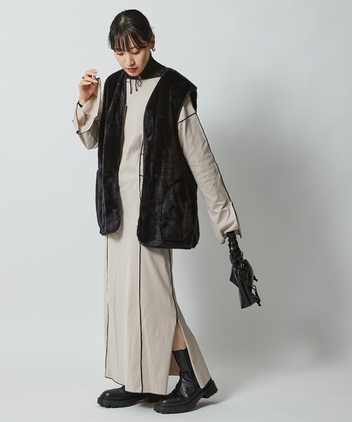 Firsthand(ファーストハンド)の「Firsthand/ファーストハンド オーガニックコットン天竺配色メローワンピース/オーガニックコットン天竺配色メローワンピース(ワンピース・レディース・ベージュ/ブラック・FREE)」の9枚目の写真