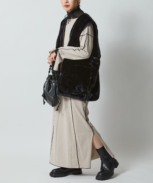 Firsthand(ファーストハンド)の「Firsthand/ファーストハンド オーガニックコットン天竺配色メローワンピース/オーガニックコットン天竺配色メローワンピース(ワンピース・レディース・ベージュ/ブラック・FREE)」の1枚目の写真