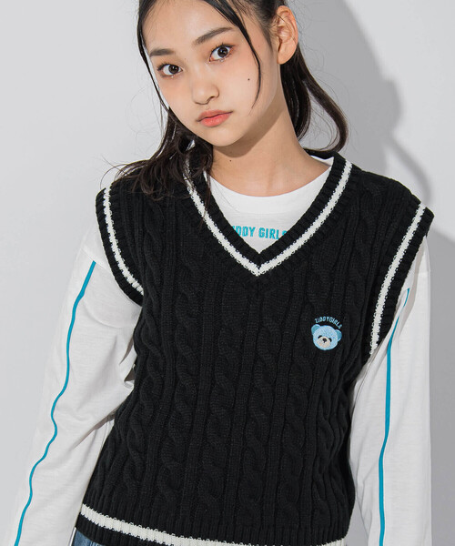 ZIDDY（ジディ）の「【 ニコ☆プチ 掲載 】クマ刺繍ベスト＆ロゴTシャツセット(130~160cm)（ベスト・キッズ・ブラック/ベージュ・150cm/160cm/130cm/140cm）」の7枚目の写真