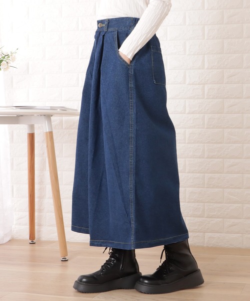 Lace Ladies(レースレディース)の「Aラインミモレ丈デニムタックスカート(スカート・レディース・ブルー・XL/M)」の3枚目の写真